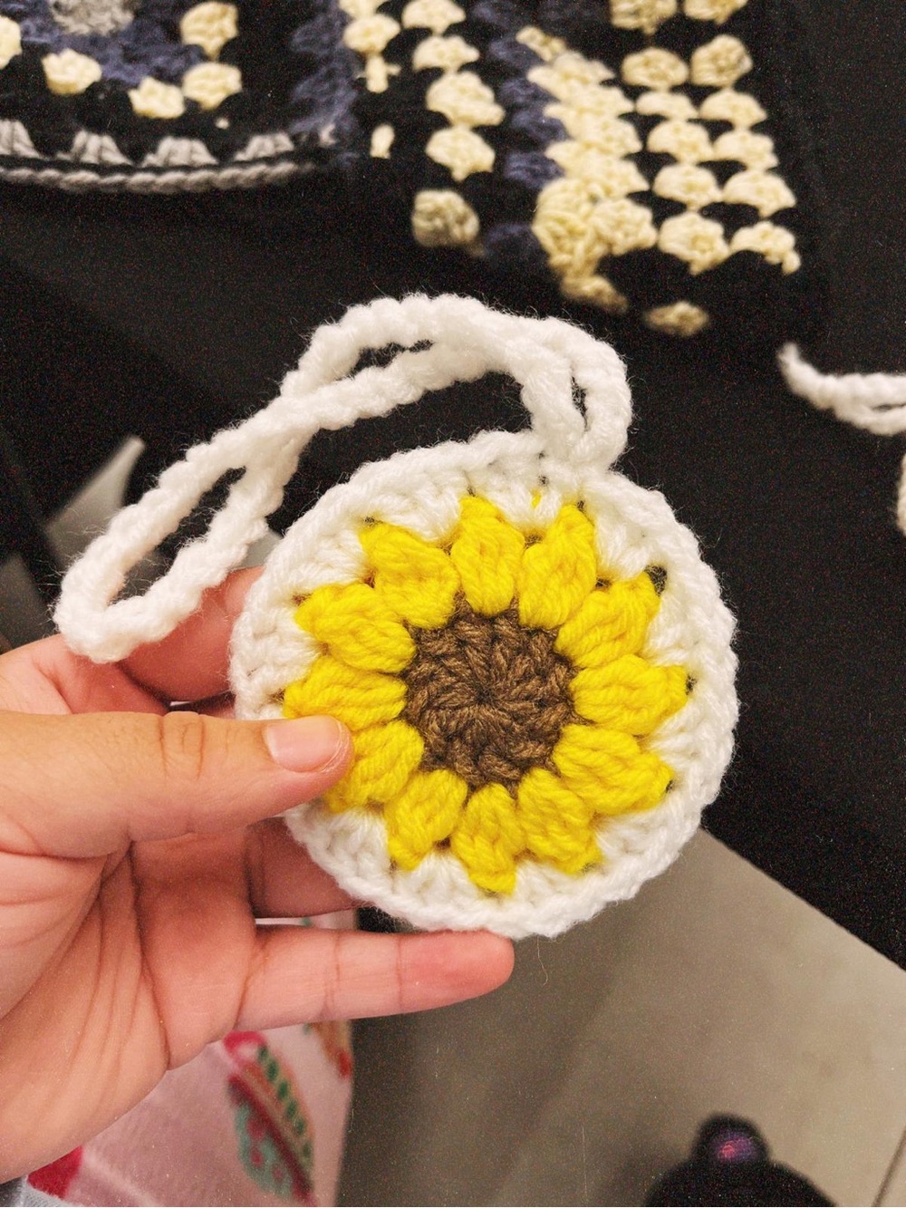 Handmade Sunflower Crochet Bag Charm - White & Yellow